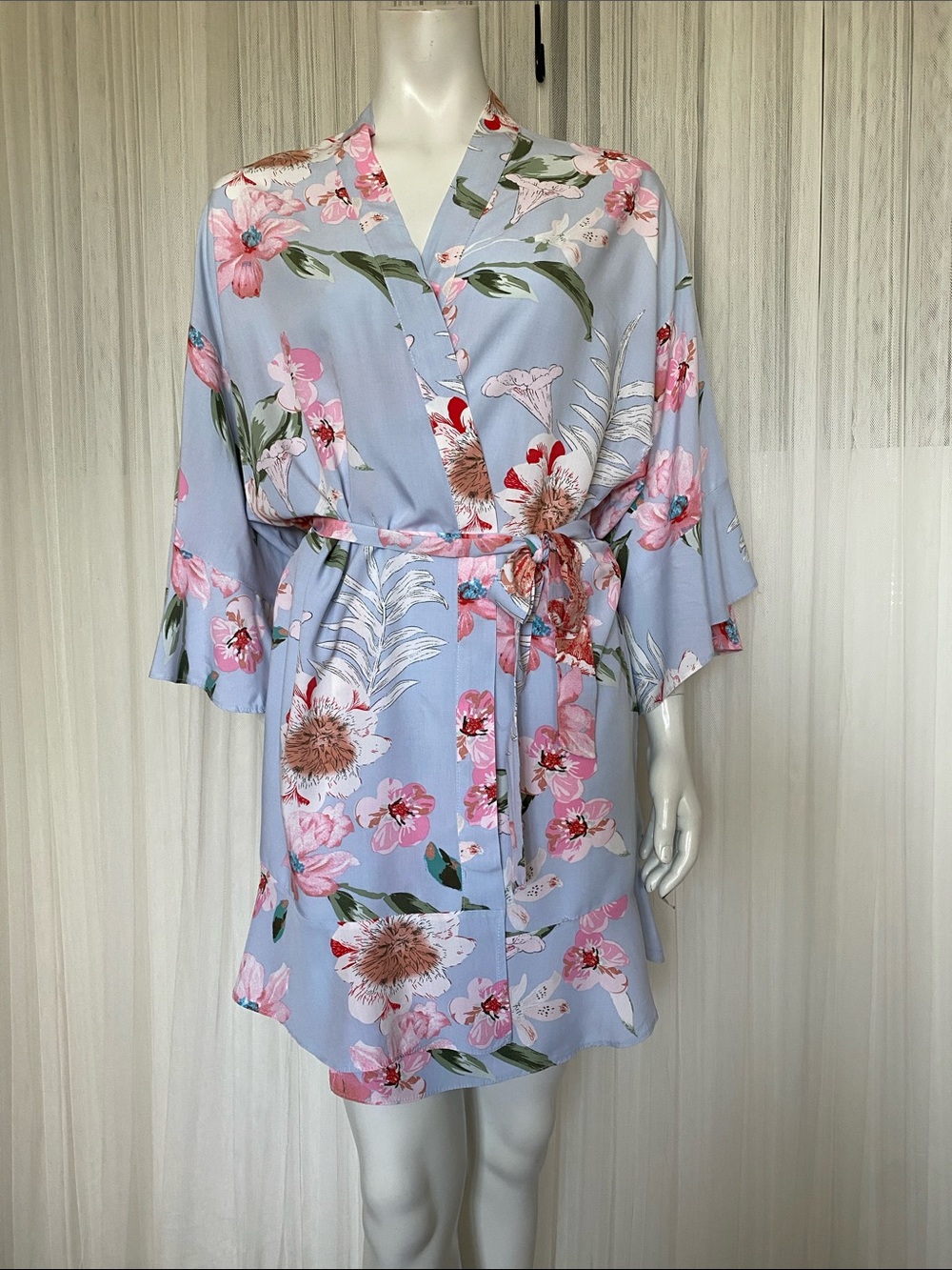 Floral Rayon/Cotton Blend Floral Kimono Robe in Light Blue and Pink